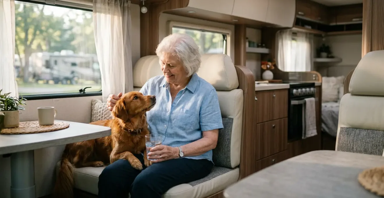 Anziano con cane in camper climatizzato durante l'estate