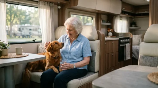 Anziano con cane in camper climatizzato durante l'estate