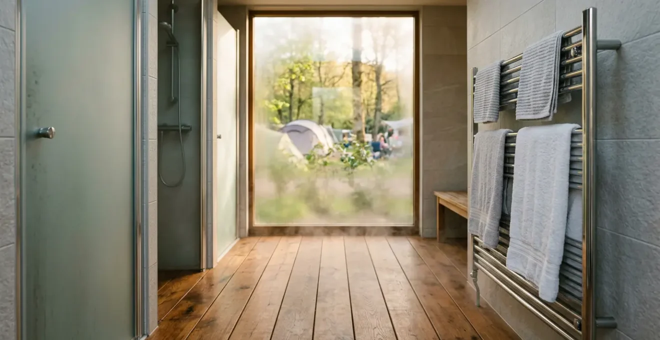 Bagno riscaldato moderno in campeggio con pavimenti caldi e atmosfera accogliente