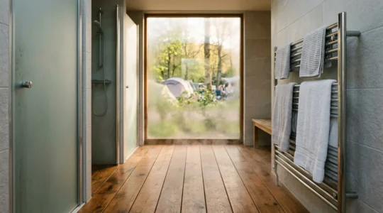 Bagno riscaldato moderno in campeggio con pavimenti caldi e atmosfera accogliente