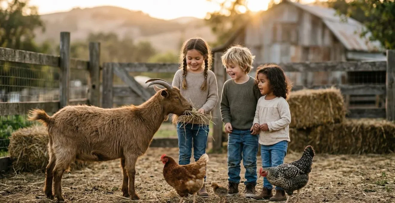 Bambini che accarezzano una capretta in una fattoria didattica circondata da prati verdi