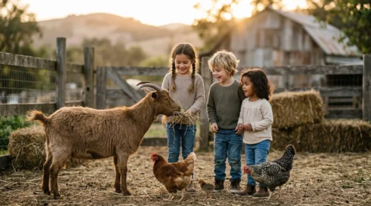 Bambini che accarezzano una capretta in una fattoria didattica circondata da prati verdi