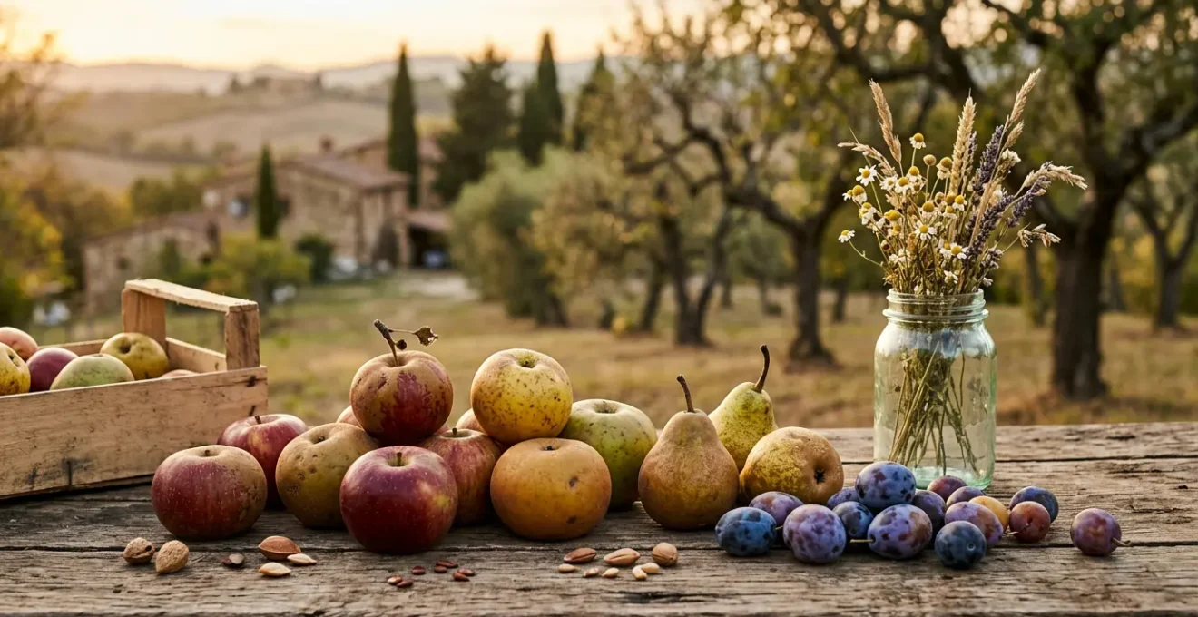 Varietà antiche di frutta colorata disposte su tavola di legno rustico con paesaggio rurale italiano sfocato sullo sfondo