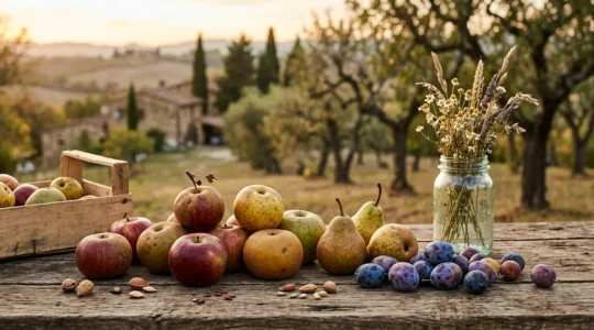 Varietà antiche di frutta colorata disposte su tavola di legno rustico con paesaggio rurale italiano sfocato sullo sfondo
