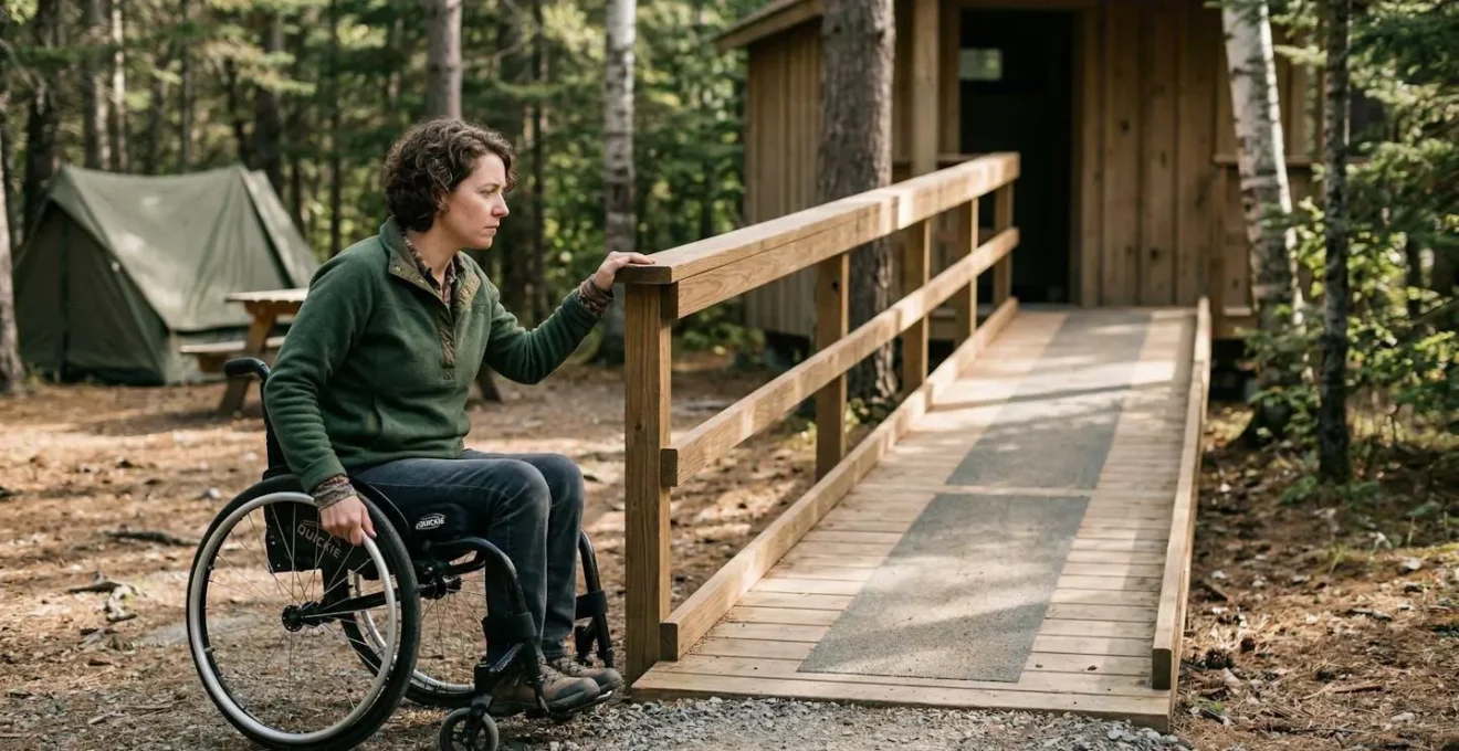 Persona in sedia a rotelle che esamina una rampa di accesso in un campeggio immerso nella natura