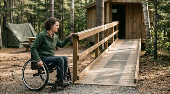 Persona in sedia a rotelle che esamina una rampa di accesso in un campeggio immerso nella natura