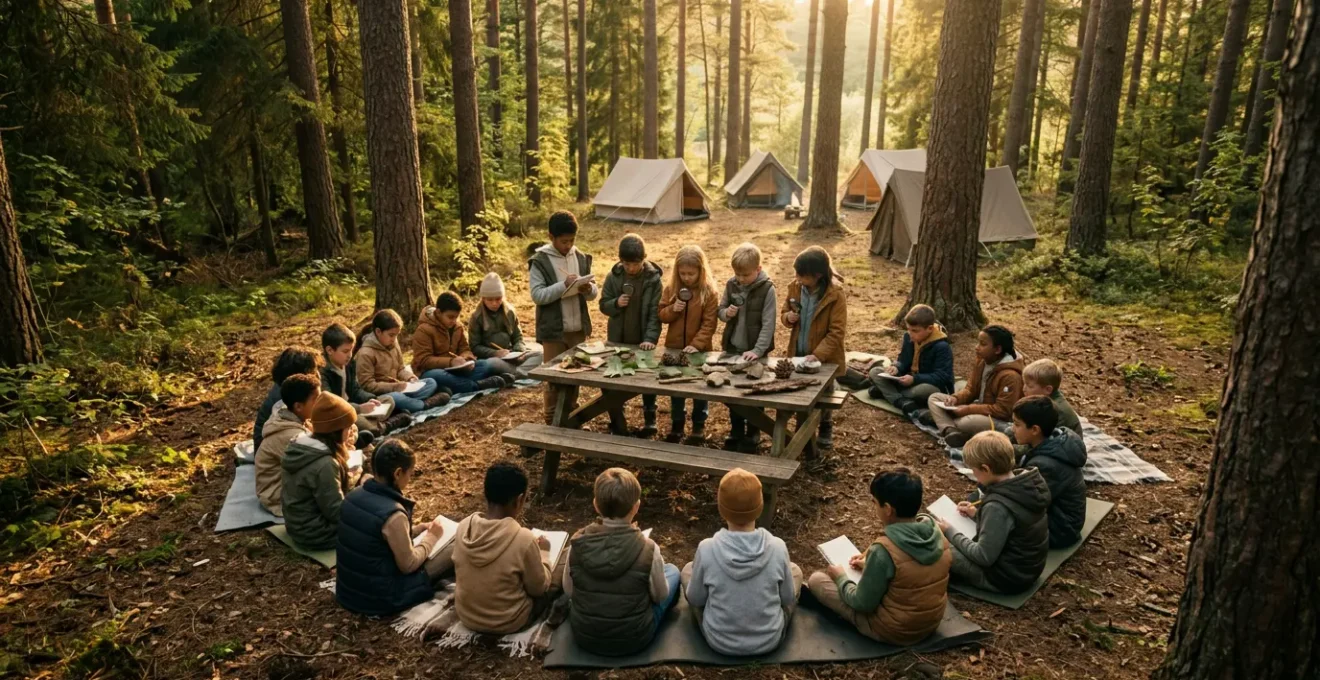Bambini in cerchio osservano con lenti d'ingrandimento foglie e insetti in un campeggio immerso nella natura