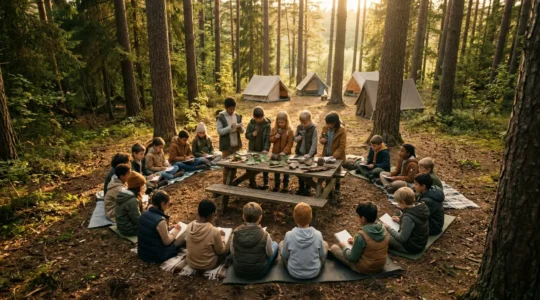 Bambini in cerchio osservano con lenti d'ingrandimento foglie e insetti in un campeggio immerso nella natura