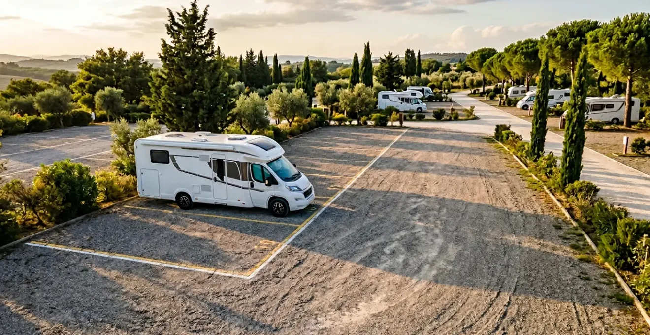 Camper di 8 metri perfettamente posizionato in una piazzola XXL di un camping italiano con spazio ottimale