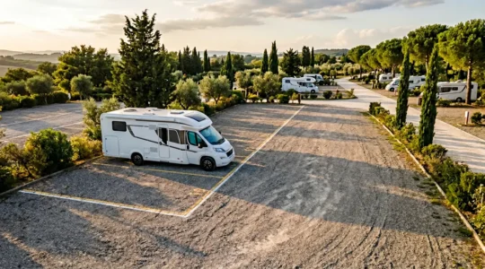 Camper di 8 metri perfettamente posizionato in una piazzola XXL di un camping italiano con spazio ottimale