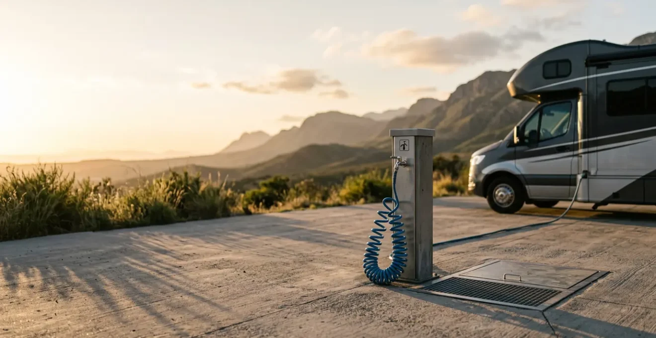 Vista professionale di area camper service con attrezzature per carico e scarico acque