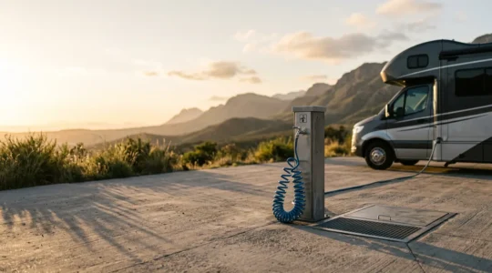 Vista professionale di area camper service con attrezzature per carico e scarico acque