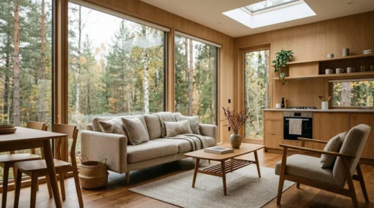 Interno accogliente di una casa mobile moderna con veranda panoramica immersa nella natura