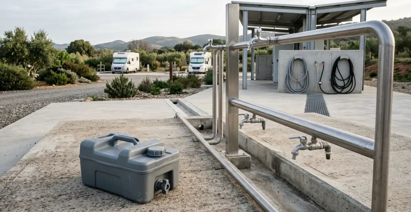 Vista laterale di un'area di servizio camper con fontanelle e cassetta WC in primo piano