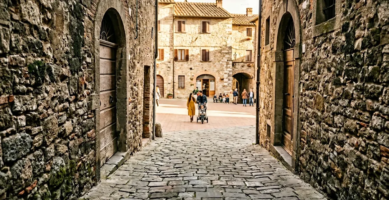 Famiglia con passeggino che esplora un borgo medievale italiano con stretti vicoli in pietra