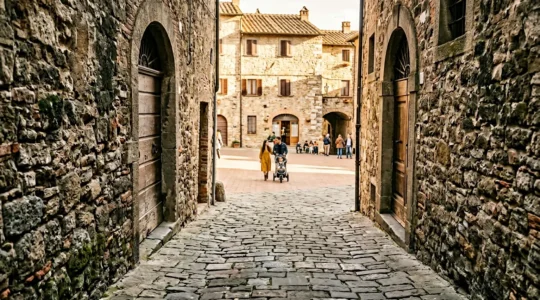 Famiglia con passeggino che esplora un borgo medievale italiano con stretti vicoli in pietra