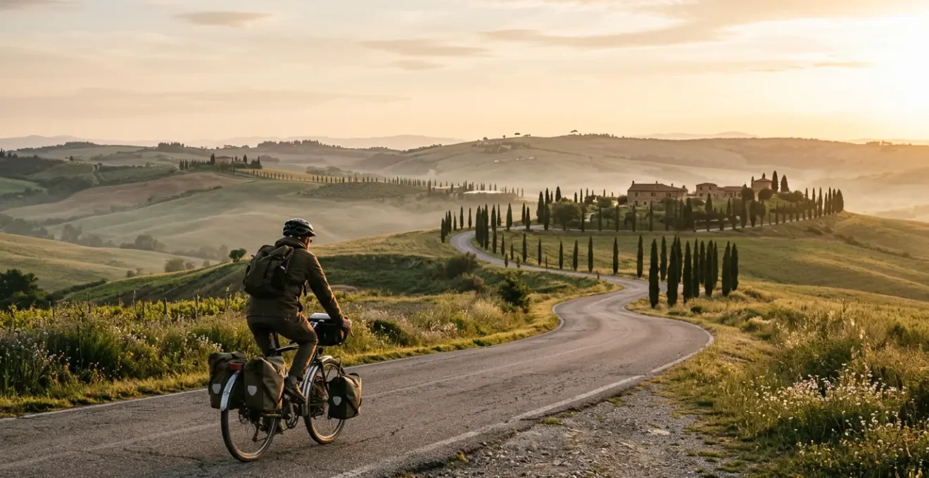 Ciclista principiante che pedala all'alba su strada di campagna italiana con bicicletta da turismo
