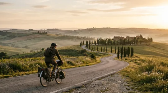 Ciclista principiante che pedala all'alba su strada di campagna italiana con bicicletta da turismo