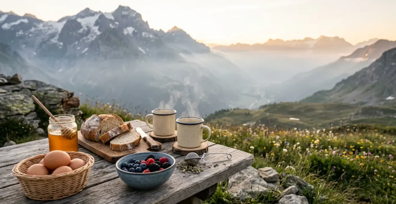 Vista panoramica di un tavolo da campeggio in montagna all'alba con prodotti biologici locali