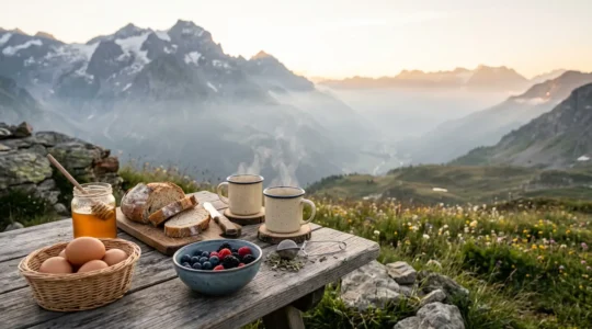 Vista panoramica di un tavolo da campeggio in montagna all'alba con prodotti biologici locali