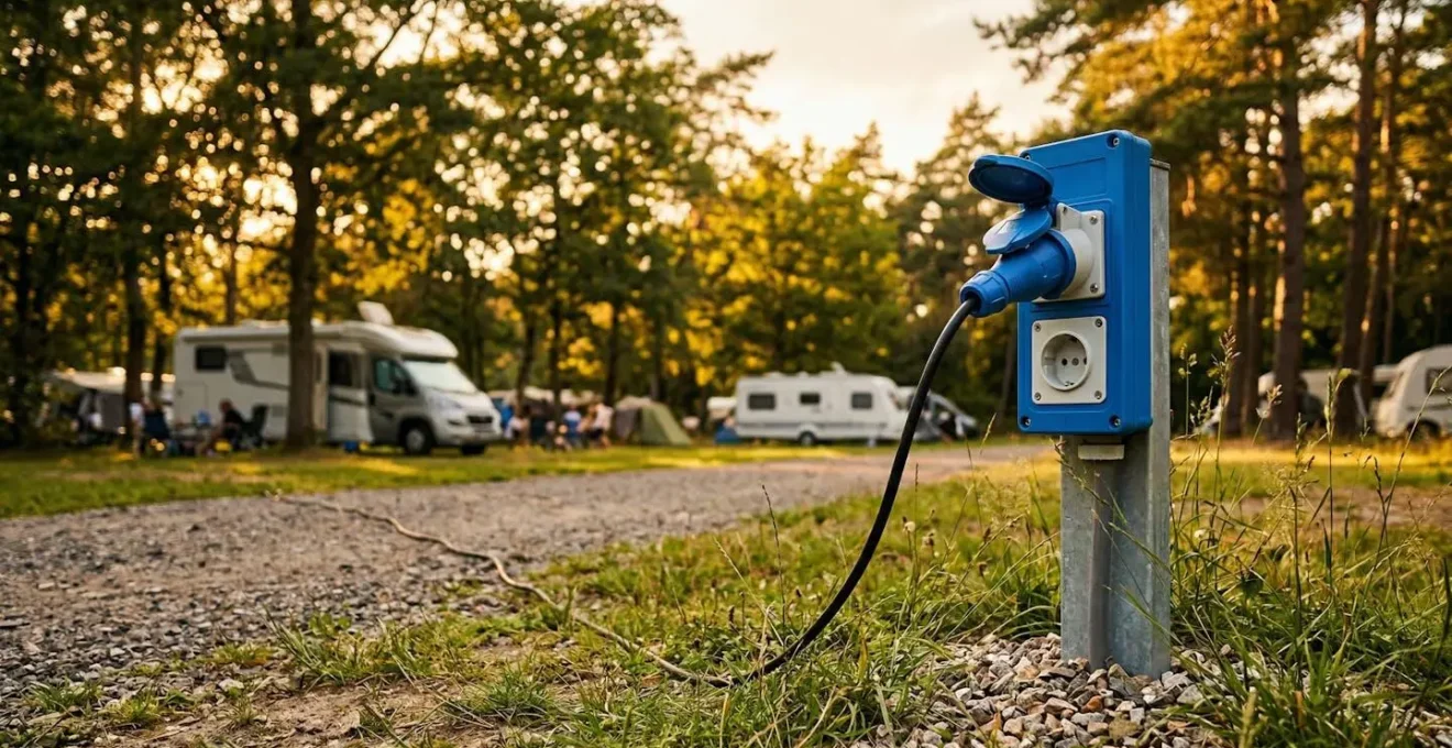 Vista ravvicinata di una colonnina elettrica blu CEE in un campeggio estivo