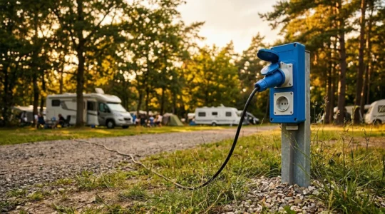 Vista ravvicinata di una colonnina elettrica blu CEE in un campeggio estivo