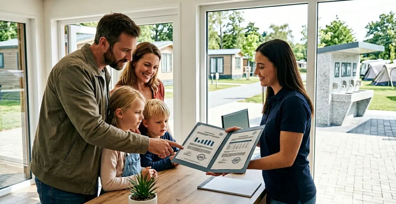 Famiglia che ispeziona documenti di certificazione igienica in un camping moderno e pulito