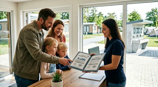 Famiglia che ispeziona documenti di certificazione igienica in un camping moderno e pulito