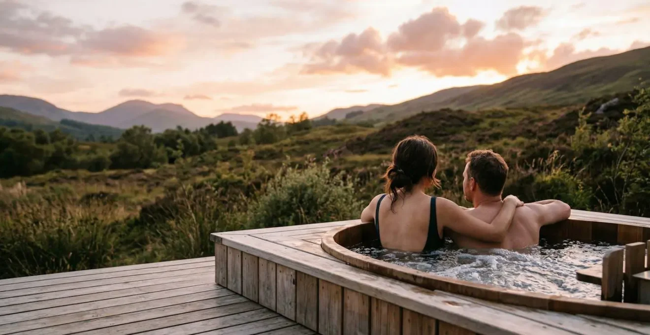 Coppia rilassata in vasca idromassaggio privata sul terrazzo di un glamping di lusso al tramonto con vista sulla natura
