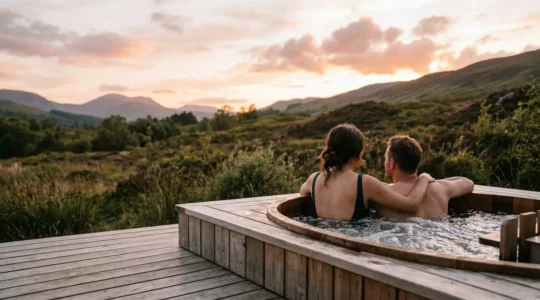Coppia rilassata in vasca idromassaggio privata sul terrazzo di un glamping di lusso al tramonto con vista sulla natura