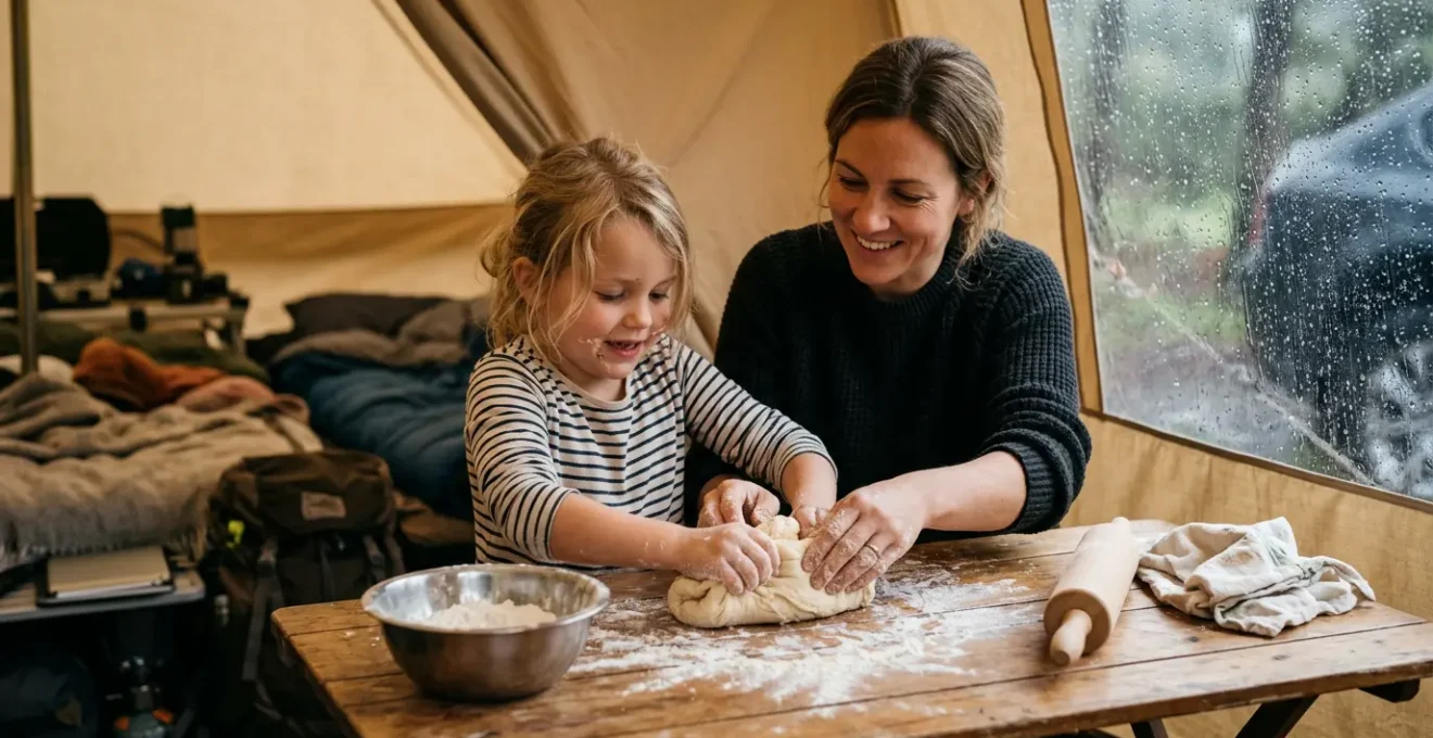 Bambini che imparano a fare la pasta fresca in campeggio durante un pomeriggio di pioggia