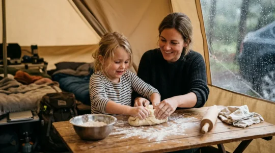 Bambini che imparano a fare la pasta fresca in campeggio durante un pomeriggio di pioggia