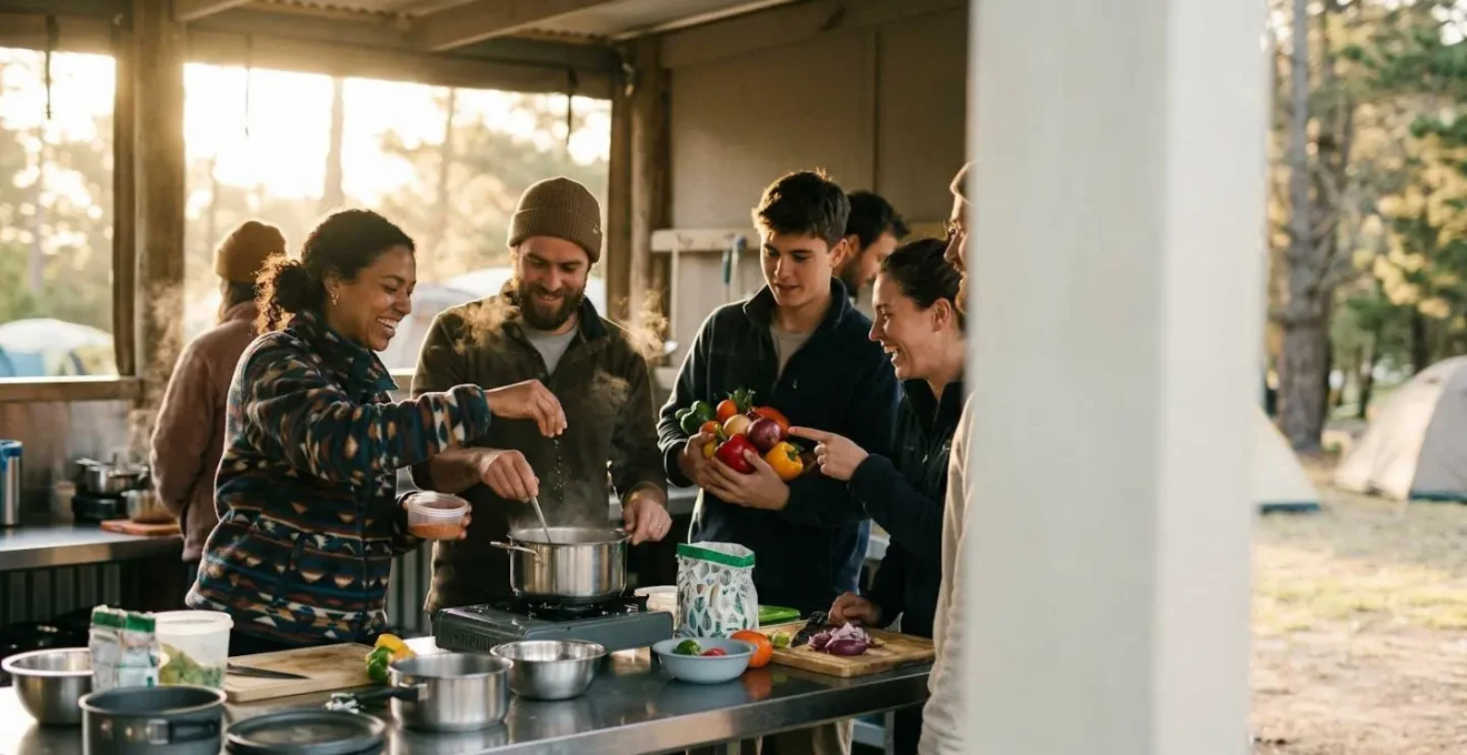 Campeggiatori di diverse nazionalità che cucinano insieme nella cucina comune del camping