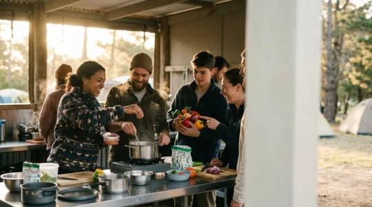 Campeggiatori di diverse nazionalità che cucinano insieme nella cucina comune del camping