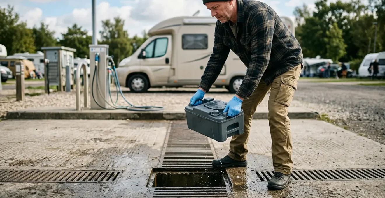 Camperista che maneggia con cautela la cassetta WC del camper per evitare schizzi e fuoriuscite