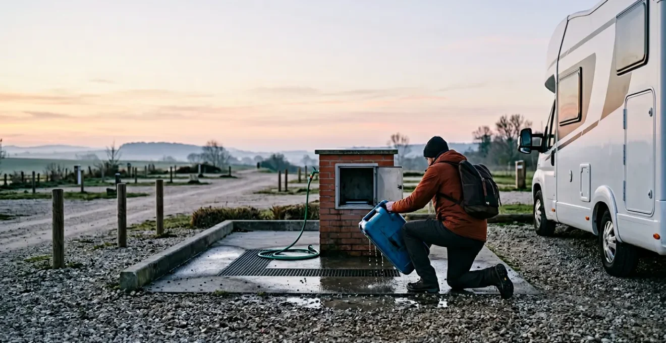 Camperista che maneggia con difficoltà la cassetta WC durante lo scarico