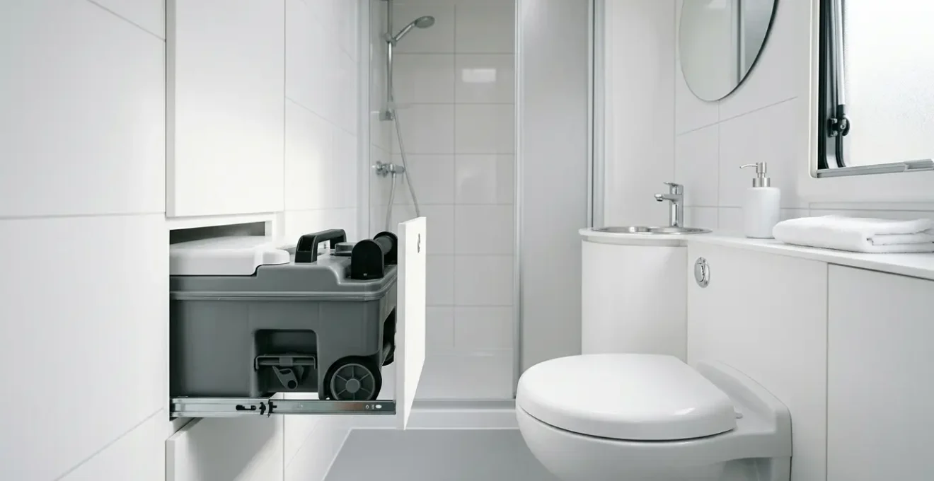 Cassetta WC per camper aperta con tubo di scarico e sistema di pulizia visibile