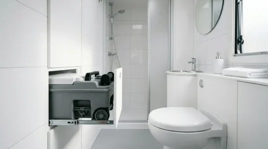 Cassetta WC per camper aperta con tubo di scarico e sistema di pulizia visibile