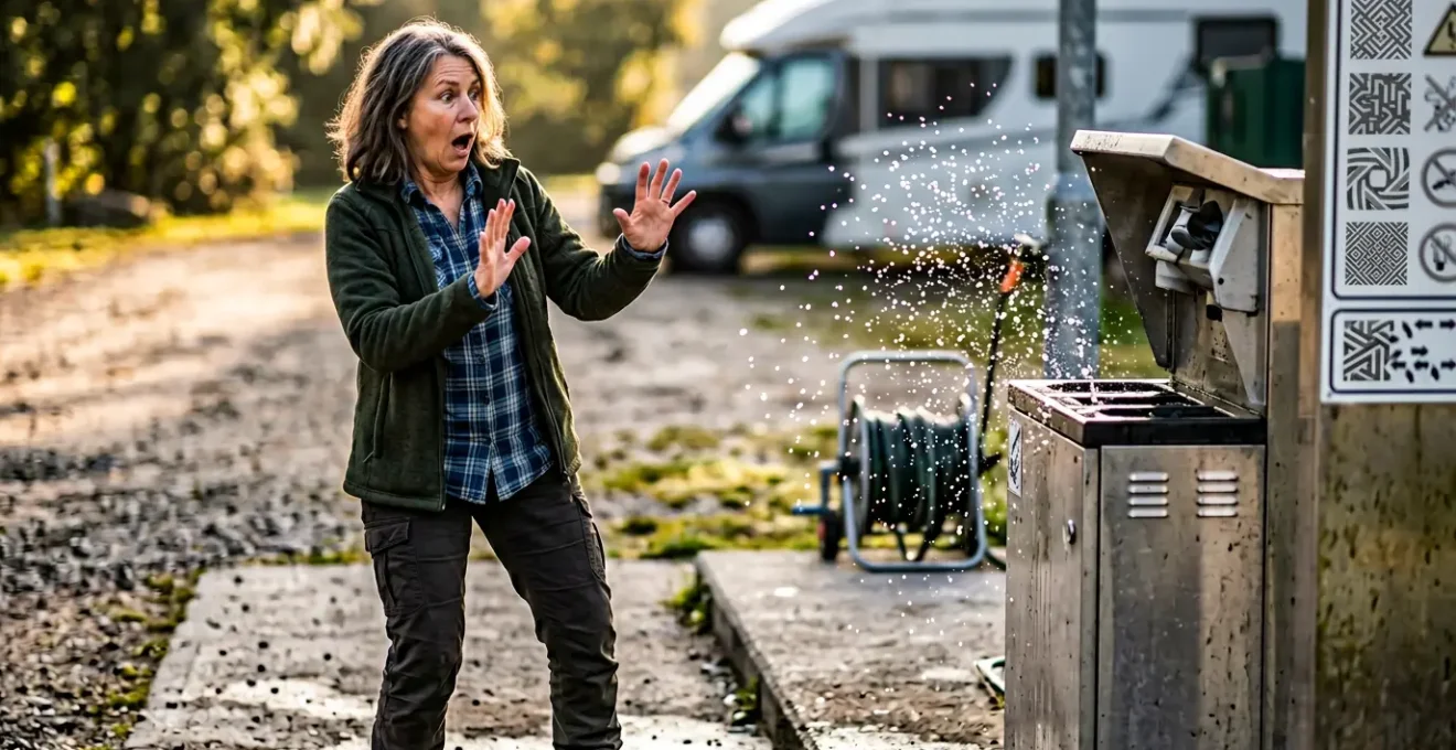 Camperista che evita schizzi d'acqua durante lo scarico della cassetta WC
