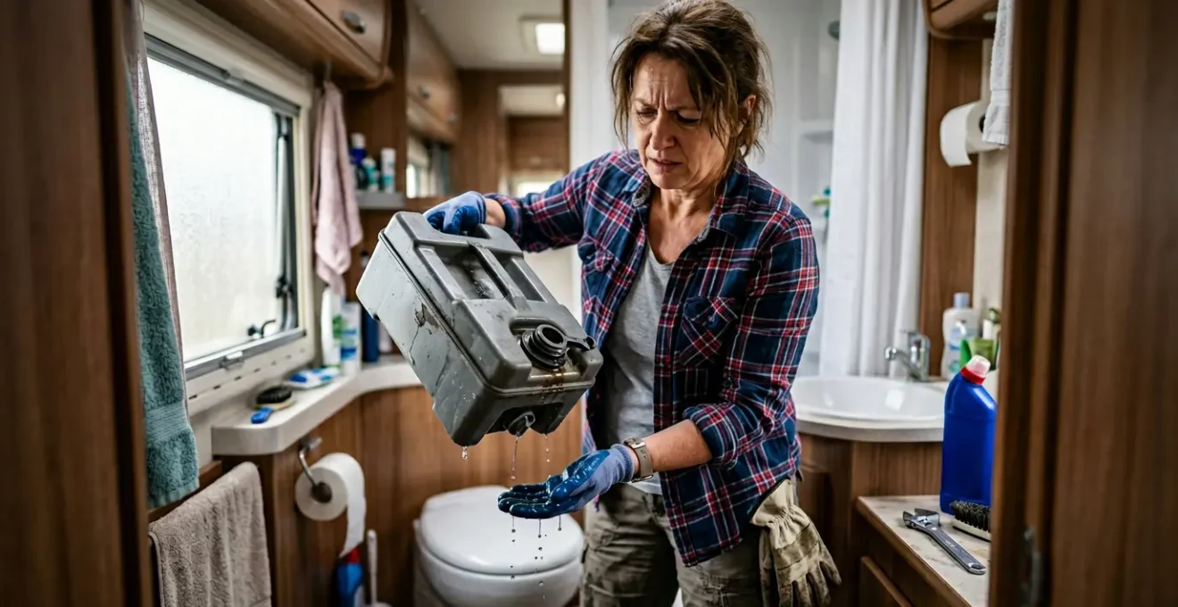 Interno camper con cassetta WC e sportello di scarico aperto mostrando il meccanismo