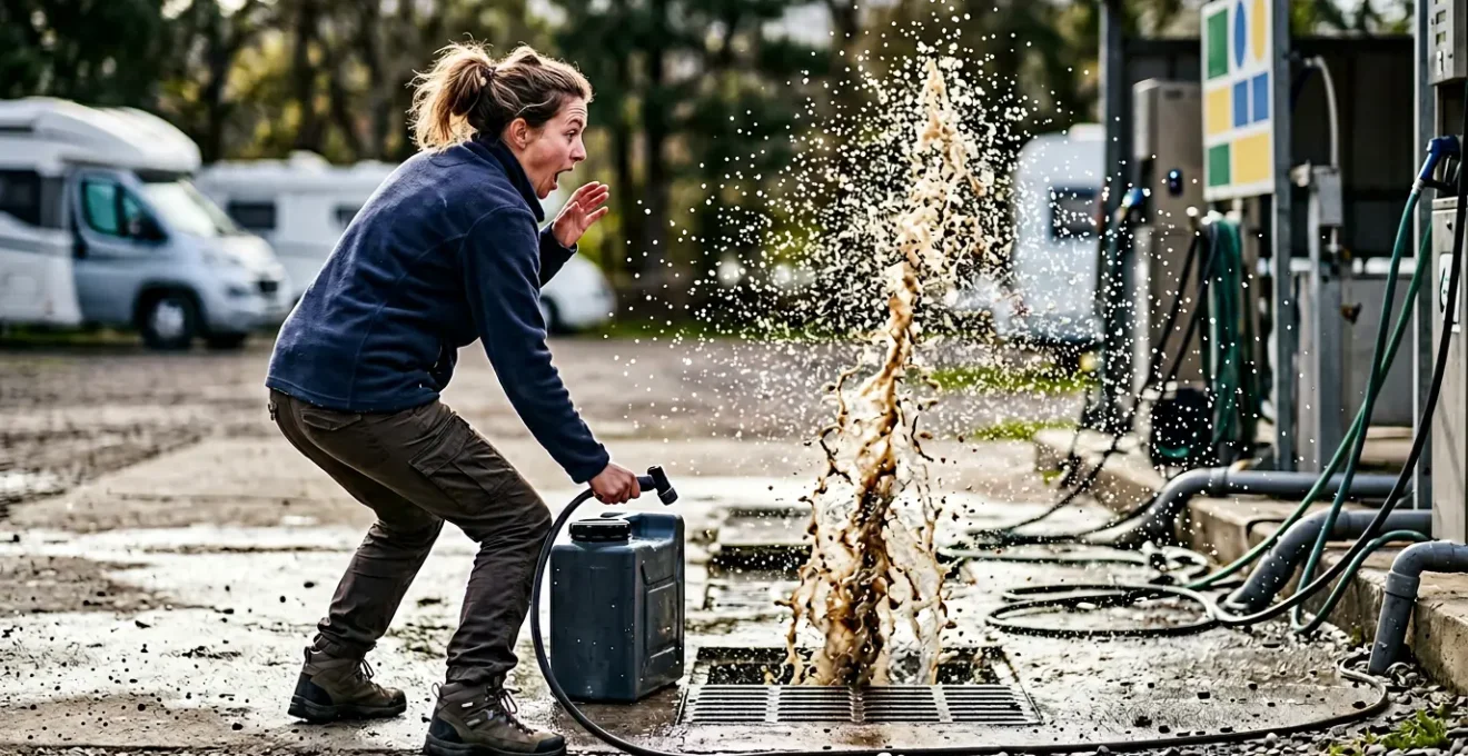 Camperista sorpreso da uno schizzo d'acqua mentre svuota la cassetta WC del camper