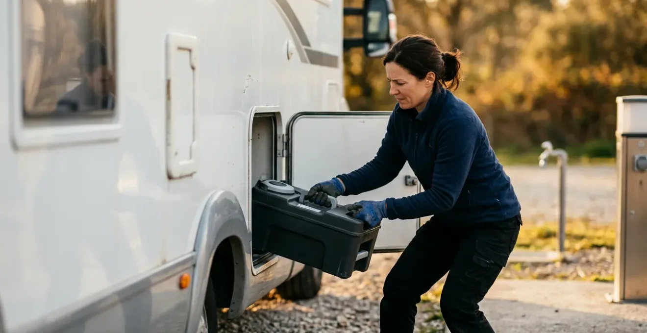 Camperista che maneggia la cassetta del WC chimico con conseguenze impreviste