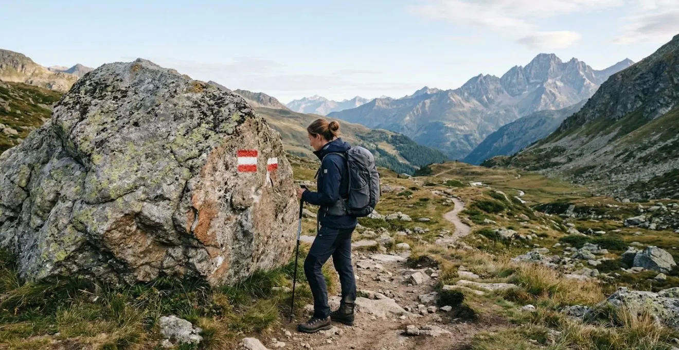 Escursionista che osserva da vicino il segnavia CAI rosso e bianco su una roccia durante un'escursione in montagna