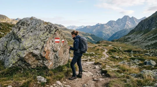 Escursionista che osserva da vicino il segnavia CAI rosso e bianco su una roccia durante un'escursione in montagna