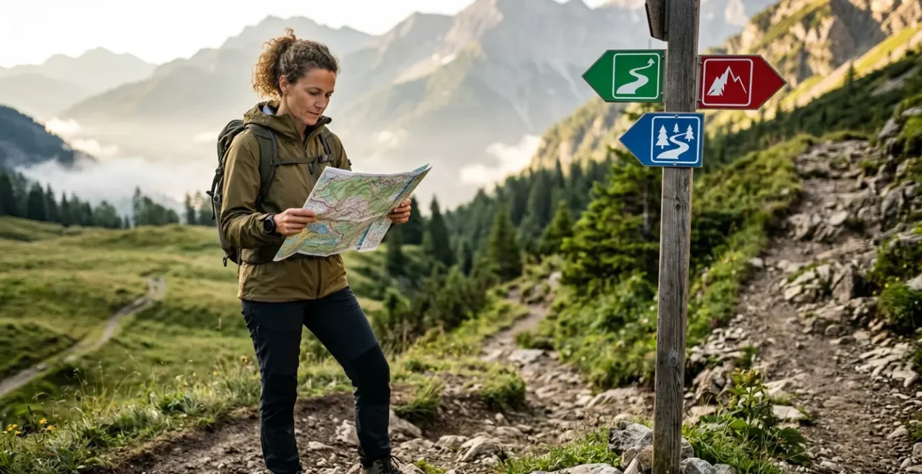 Escursionista esperto esamina una mappa topografica con sentieri colorati su sfondo di montagne alpine