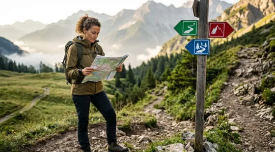 Escursionista esperto esamina una mappa topografica con sentieri colorati su sfondo di montagne alpine