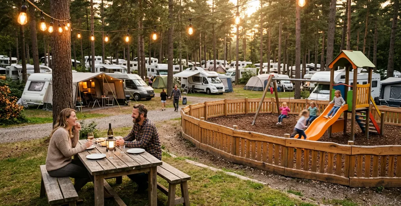 Famiglia che cena all'aperto mentre i bambini giocano nell'area giochi recintata