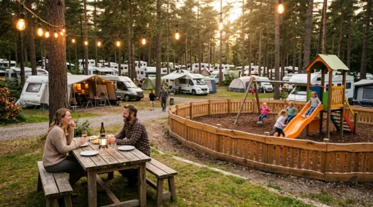Famiglia che cena all'aperto mentre i bambini giocano nell'area giochi recintata