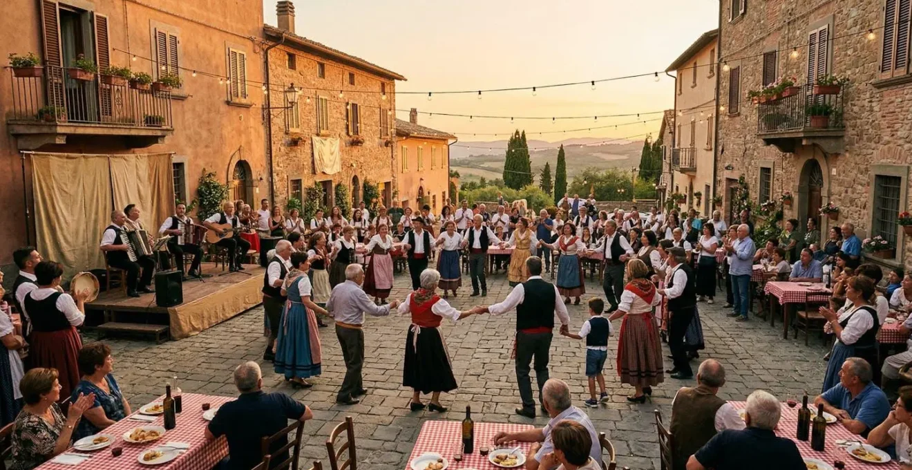 Piazza di borgo italiano durante una festa contadina al tramonto con persone che ballano