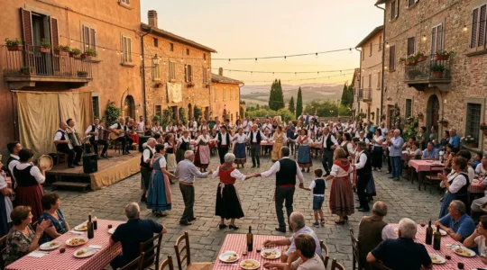 Piazza di borgo italiano durante una festa contadina al tramonto con persone che ballano
